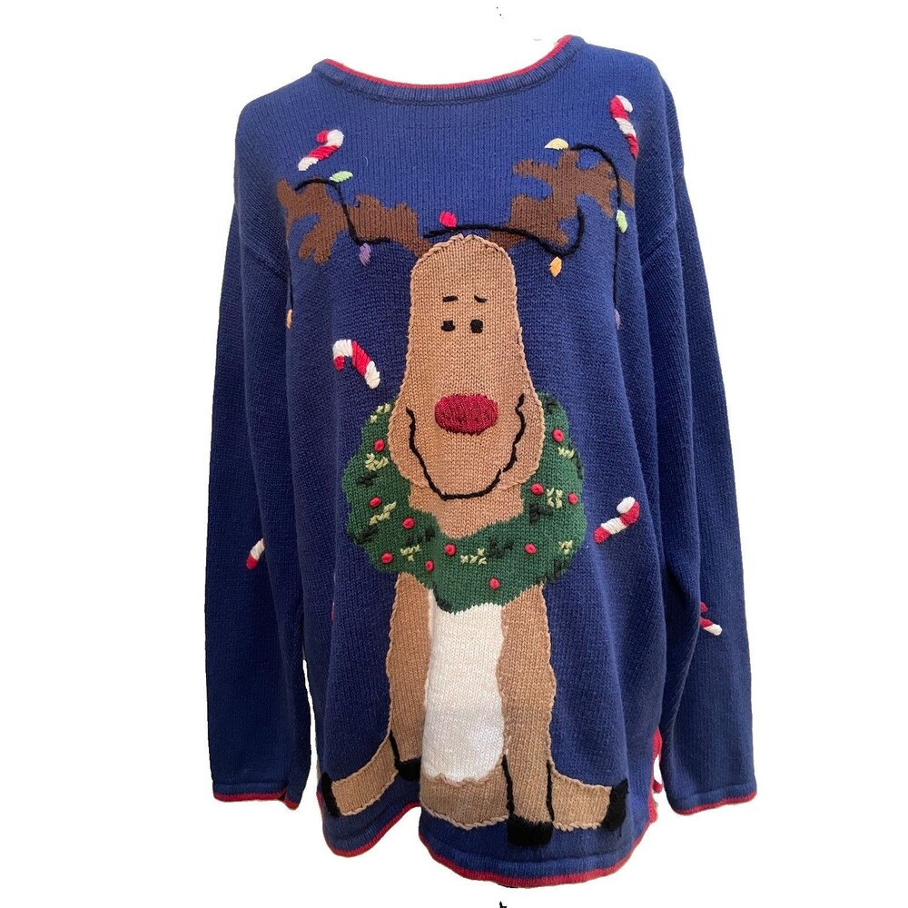 Vintage Quacker Factory Christmas Reindeer Sweater Large Blue Holiday Ugly Cozy